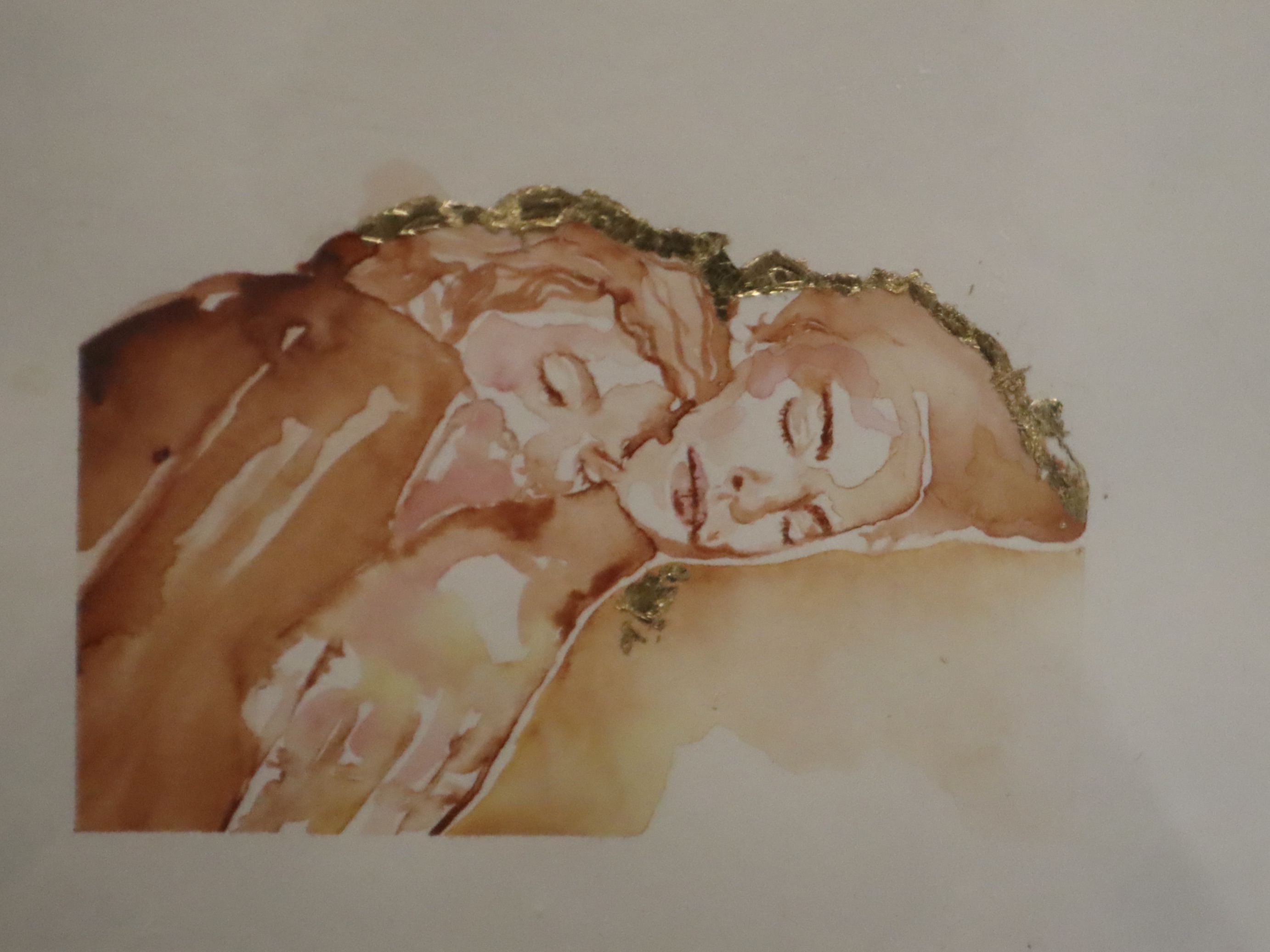 A watercolor of a couple sleeping