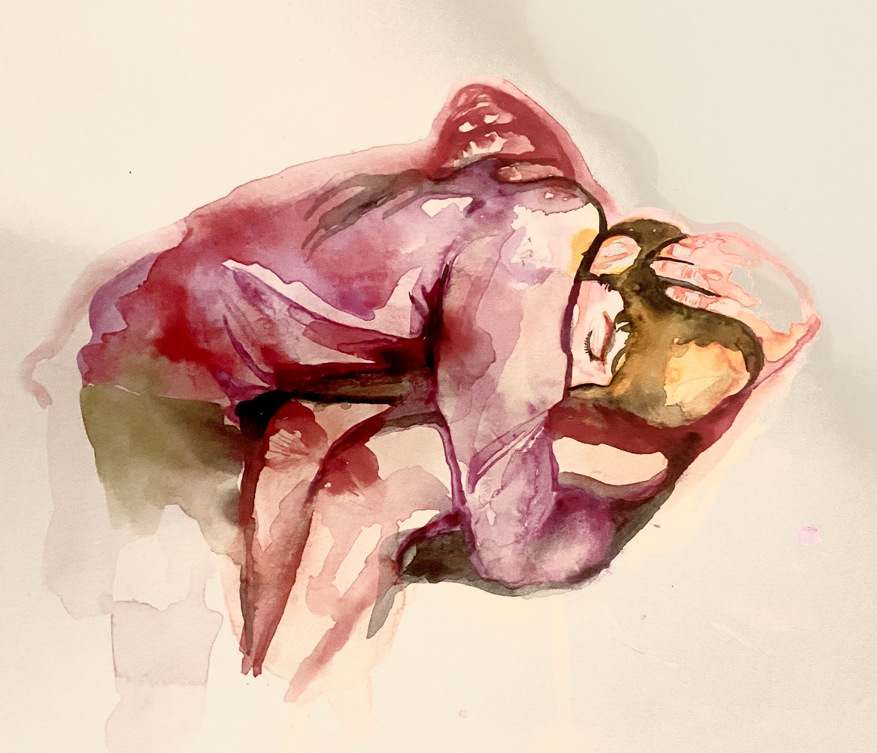 A watercolor of a sleeping man, with a hand placed on his head.