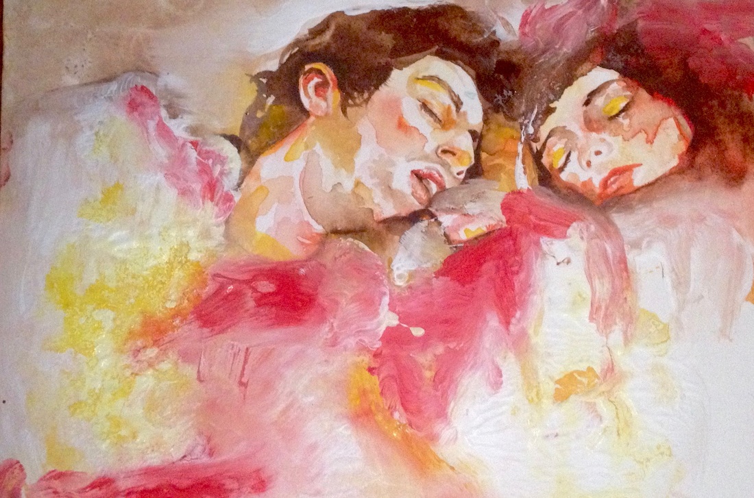 A watercolor of a couple sleeping