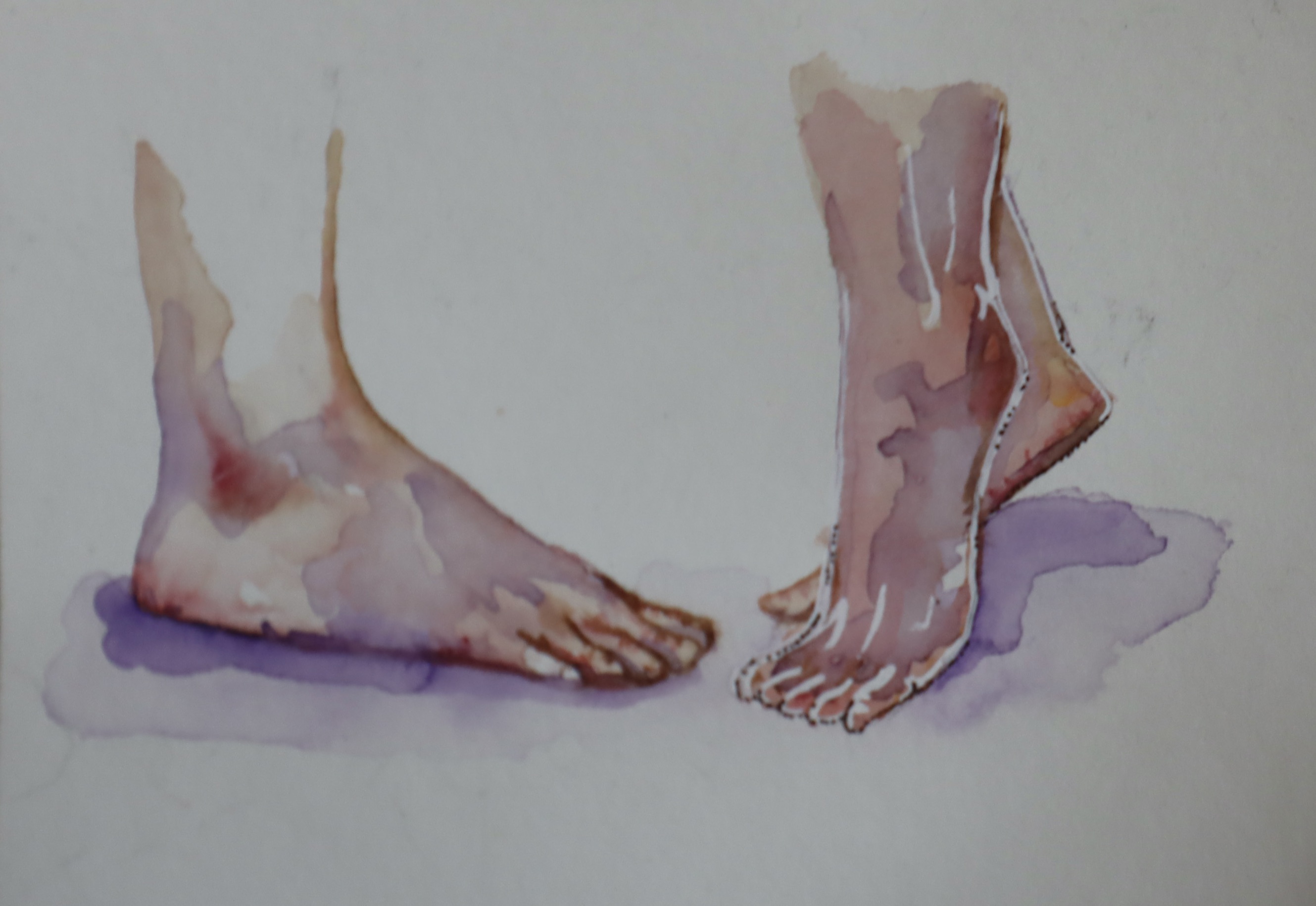 A watercolor of two sets of feet from side on. One set balances on their toes.